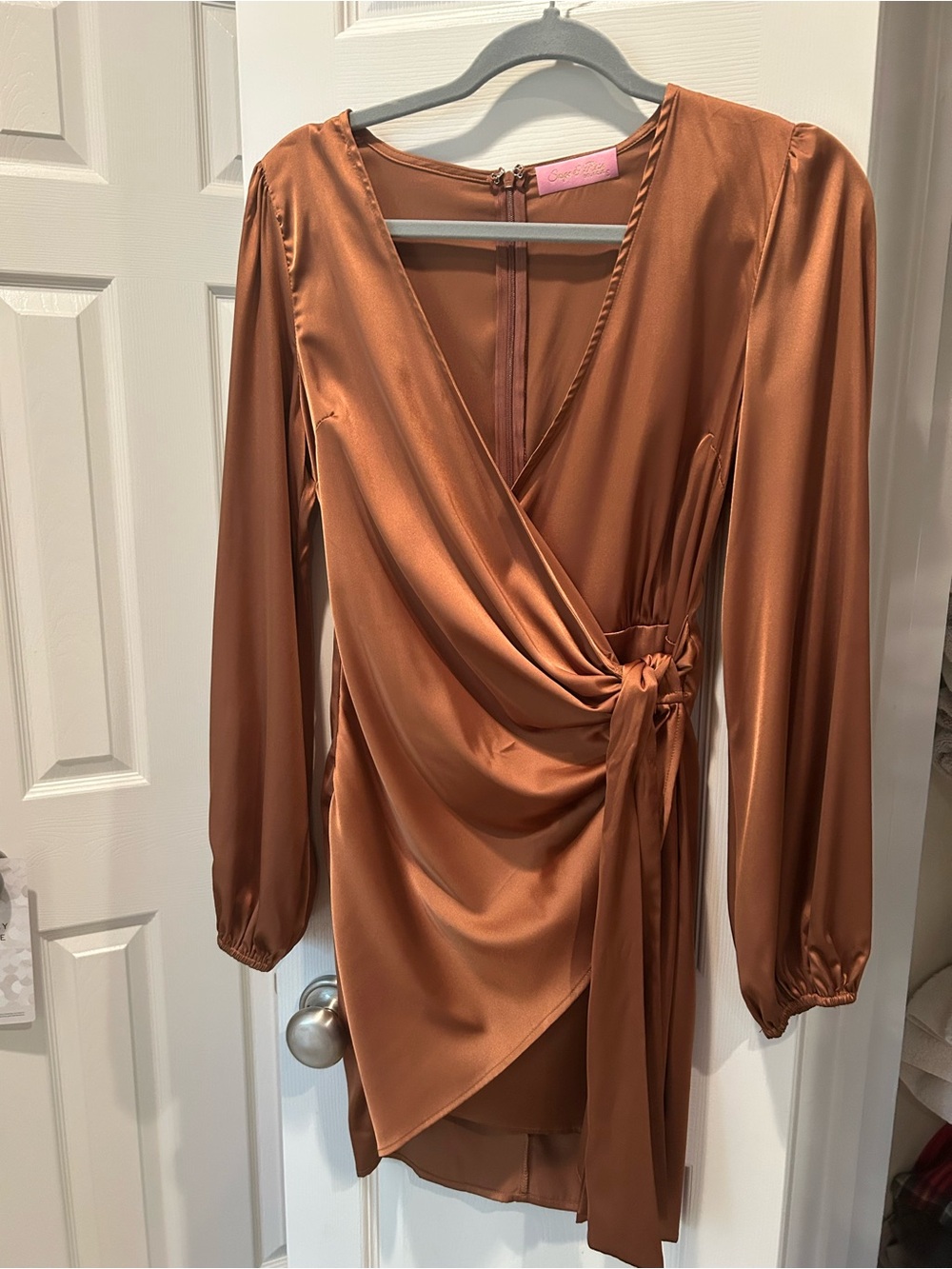 Satin Wrap Long-Sleeve Dress in Copper - Size N/A